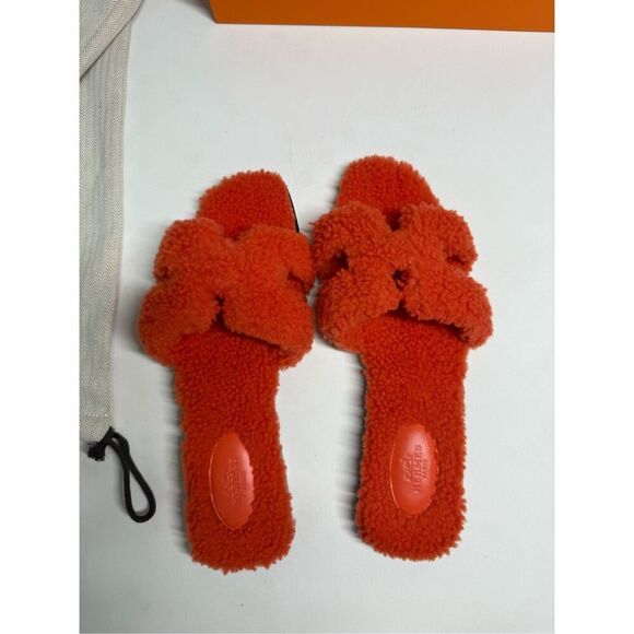 NEW HERMES ORAN SHEARLING WOOL ORANGE SANDALS WOMENS 41,5 EU/ 11 US See Notes - Picture 7 of 16